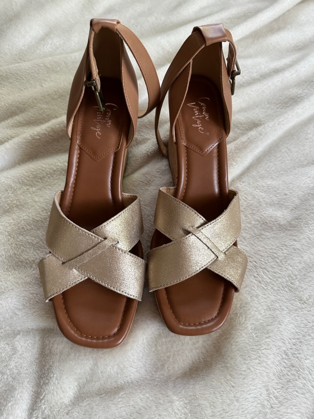 Crown Vintage Metallic Gold Crisscross Ankle-Strap Sandals